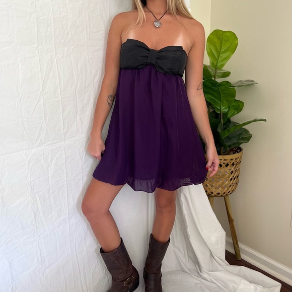 Y2K Purple + Black Bow Top Strapless Bubble Dress - Picture 2 of 6